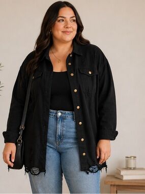 DAVI & DANI Black Distressed Button-Front Denim Shacket